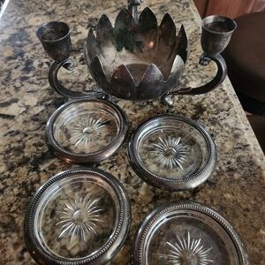 Vintage Silver Candle Holder and Coasters Set